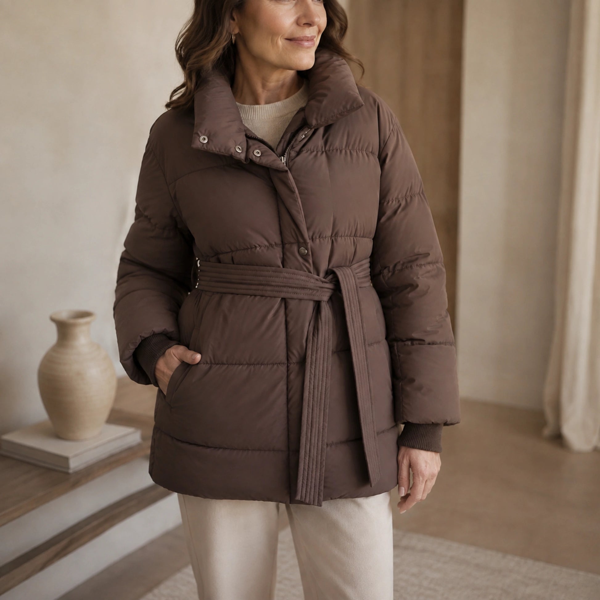 parka coat — Mocha brown puffer coat padded collar, closure, belt and cuff detail — view 5