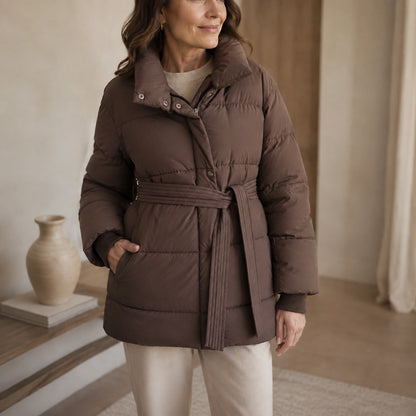 parka coat — Mocha brown puffer coat padded collar, closure, belt and cuff detail — view 5