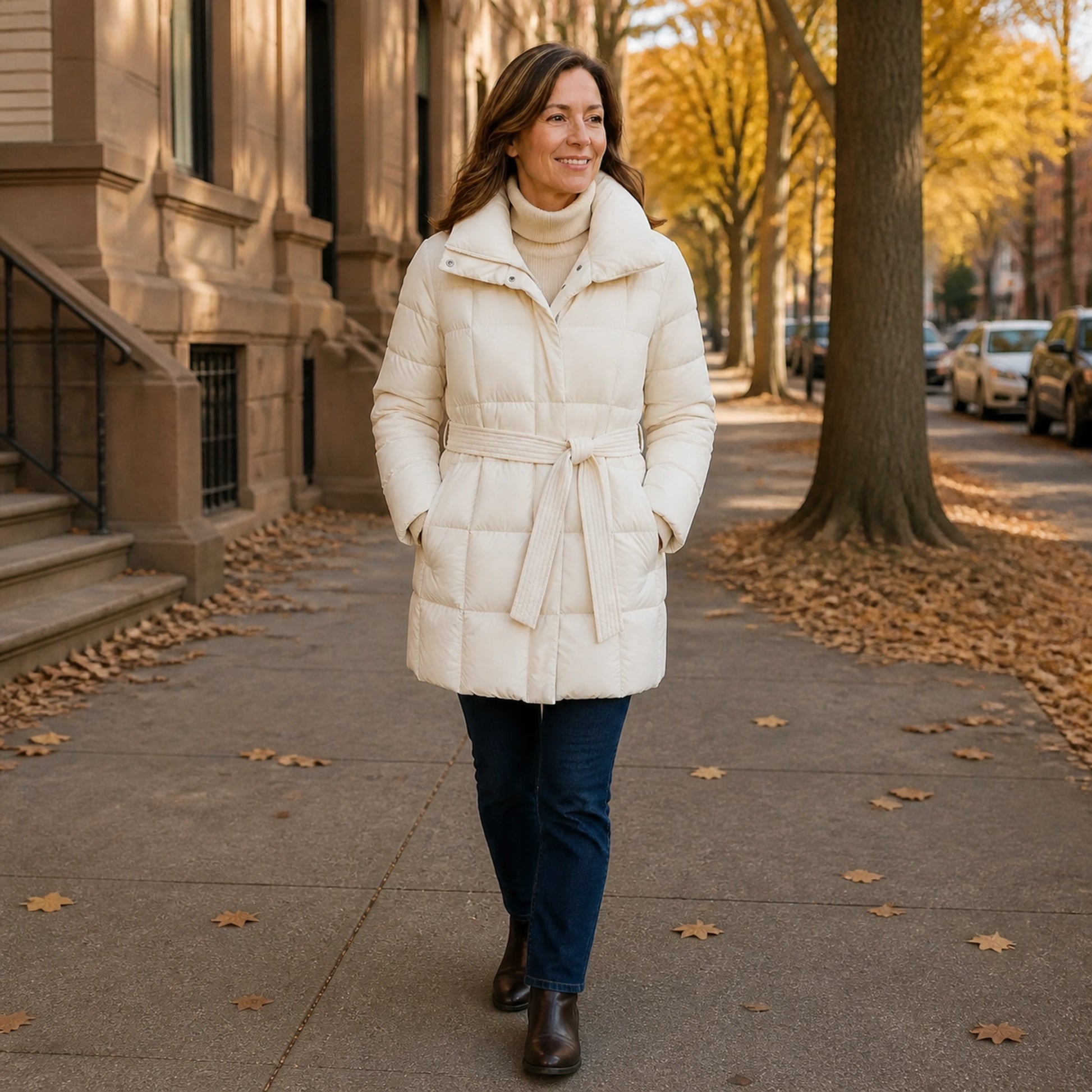 parka coat — Woman wearing ivory belted high collar puffer coat on an autumn city walk — view 6