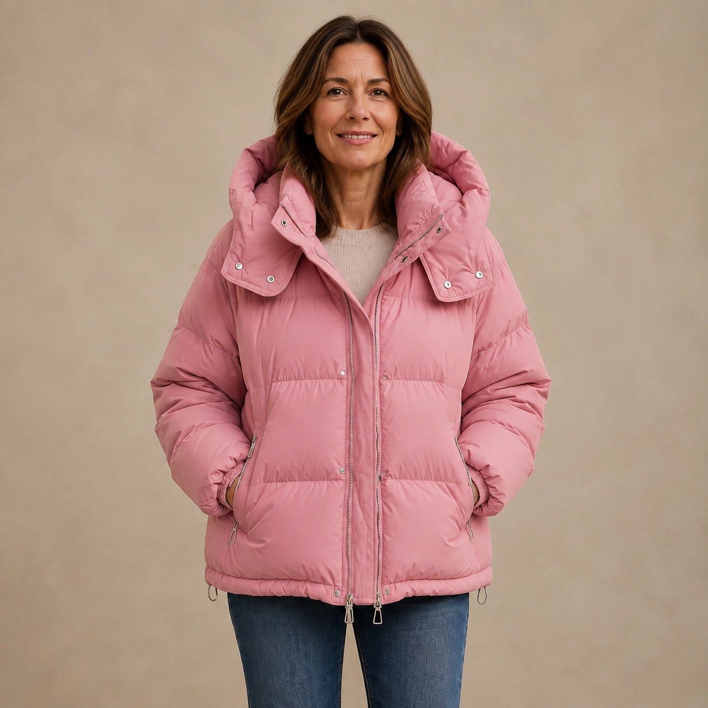 Woman wearing dusty pink hooded puffer parka coat, complete front view — view 4