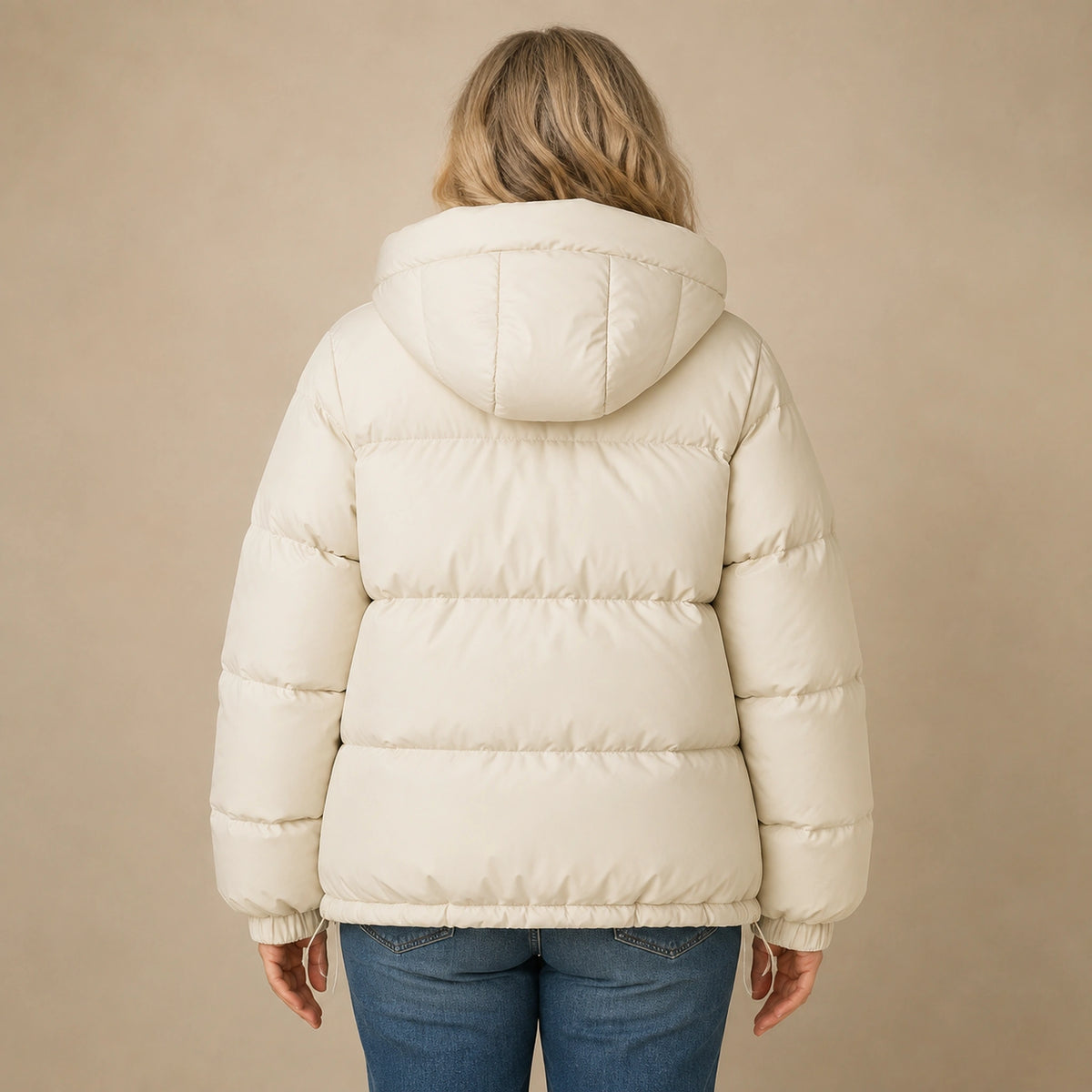Woman wearing ivory hooded puffer parka coat, complete rear view — view 6