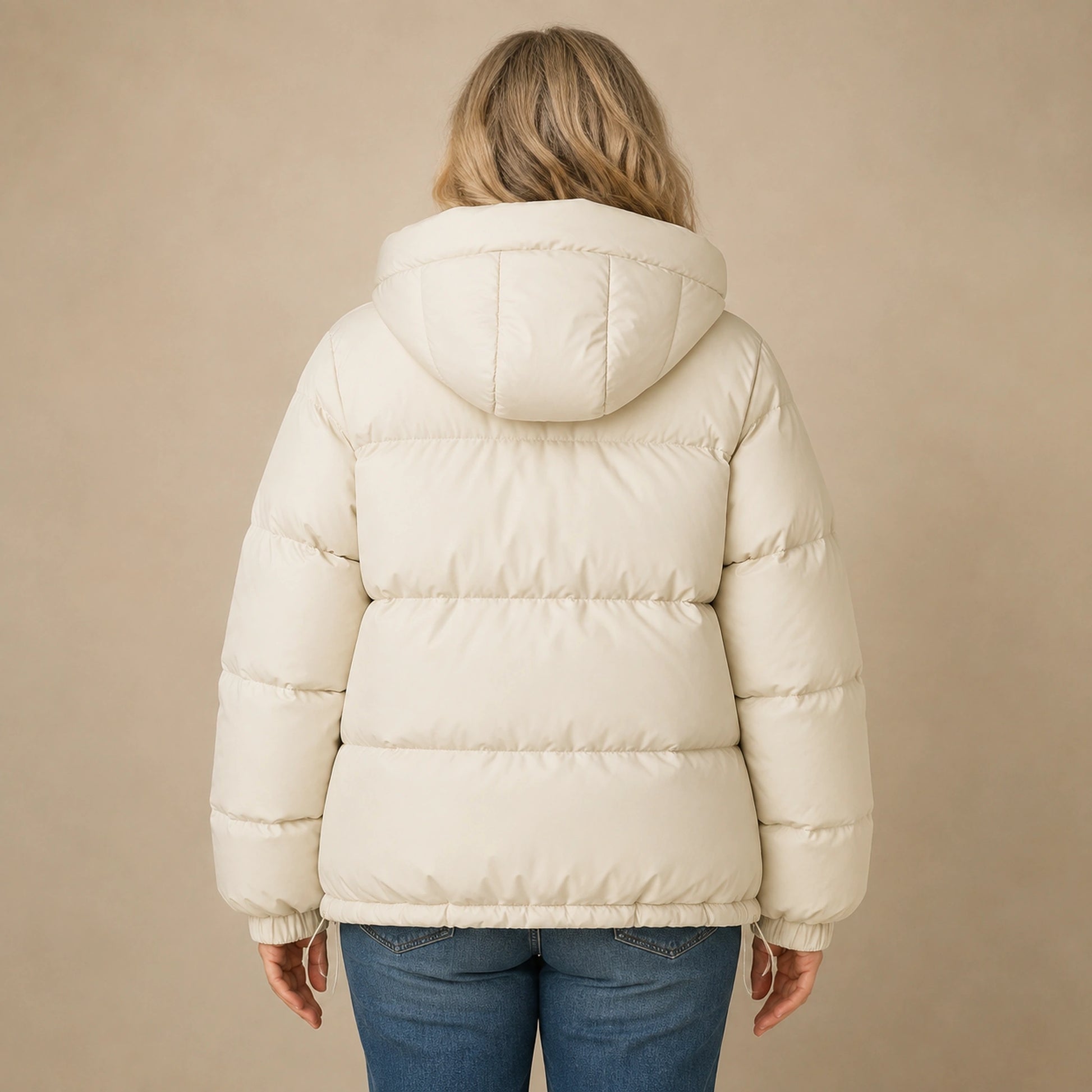 Woman wearing ivory hooded puffer parka coat, complete rear view — view 6