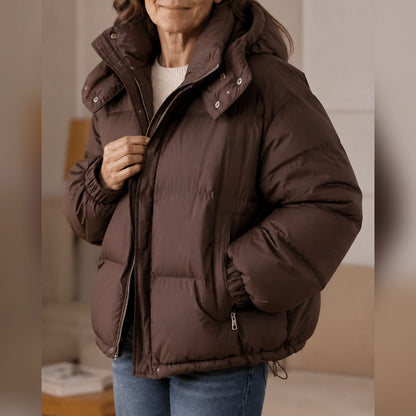 parka coat — Chocolate brown puffer parka hood, zipper, pocket and drawcord detail — view 7