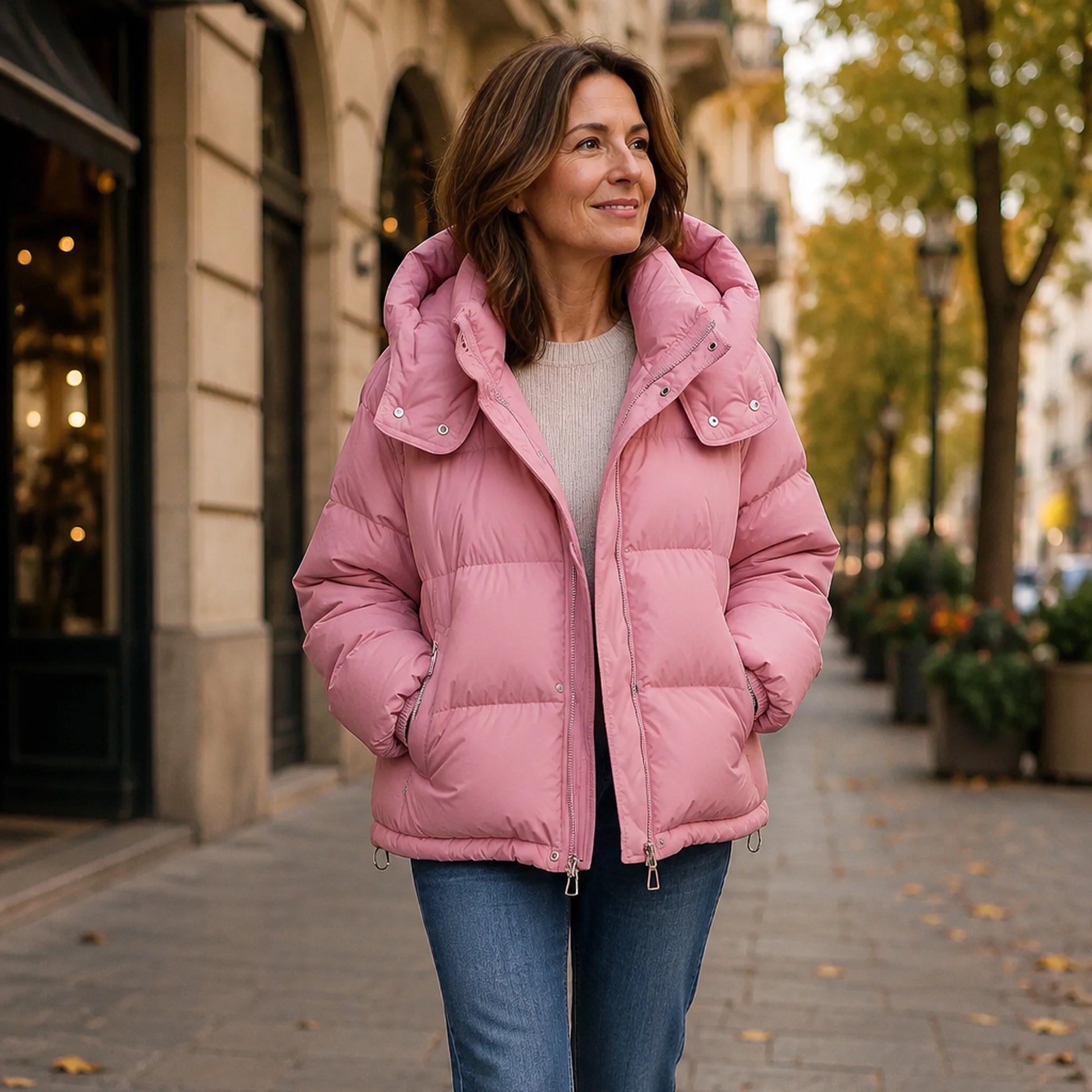 Woman wearing dusty pink hooded puffer parka coat on an autumn city walk — view 8