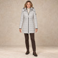 parka coat — Image; complete full front view; Gray elena garment worn by a happy adult model