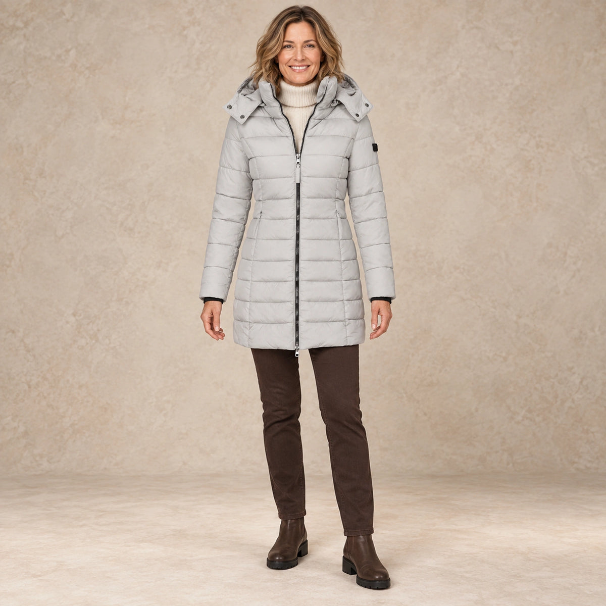 parka coat — Image; complete full front view; Gray elena garment worn by a happy adult model