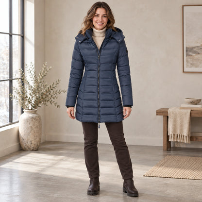parka coat — Complete full front view; Dark Blue elena garment worn by a happy adult model — view 2