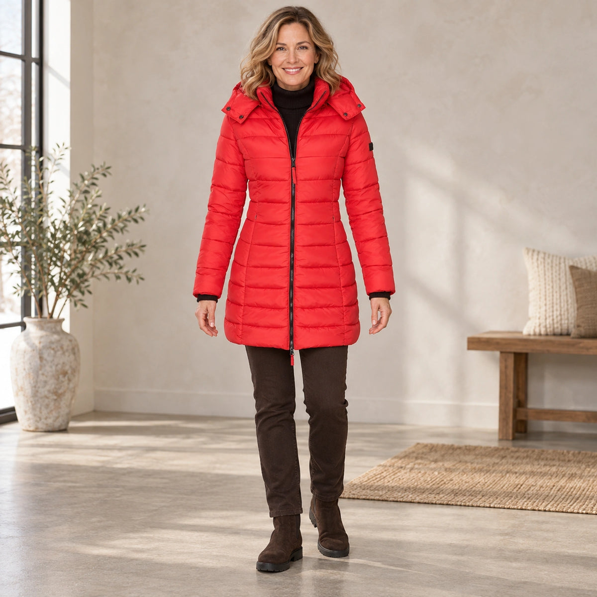 parka coat — Complete full front view; Red elena garment worn by a happy adult model — view 3