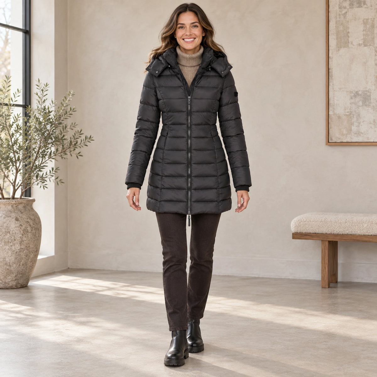 parka coat — Complete full front view; Black elena garment worn by a happy adult model — view 4