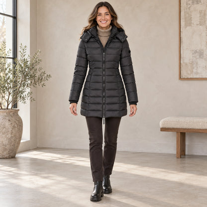 parka coat — Complete full front view; Black elena garment worn by a happy adult model — view 4