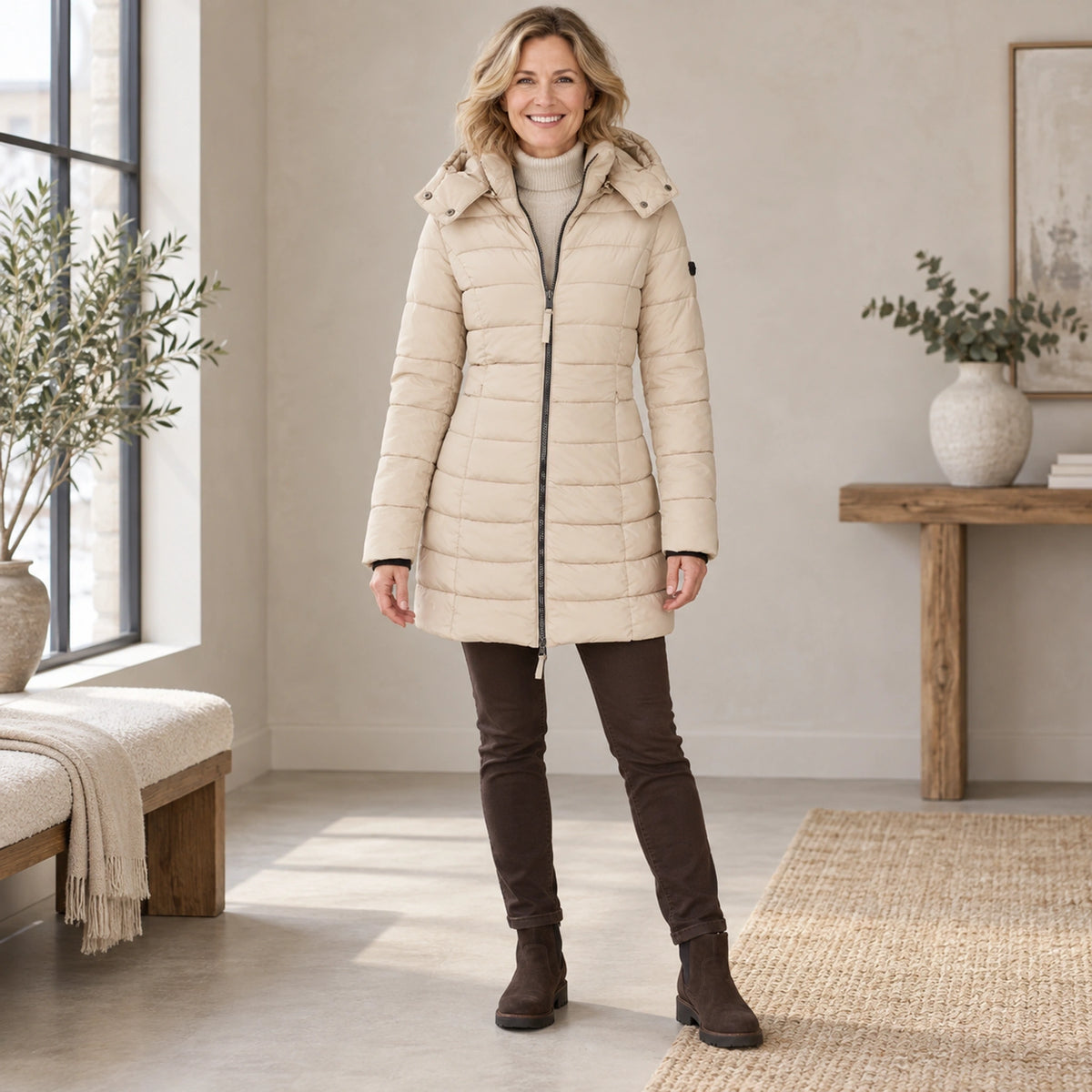 parka coat — Complete full front view; Khaki elena garment worn by a happy adult model — view 5
