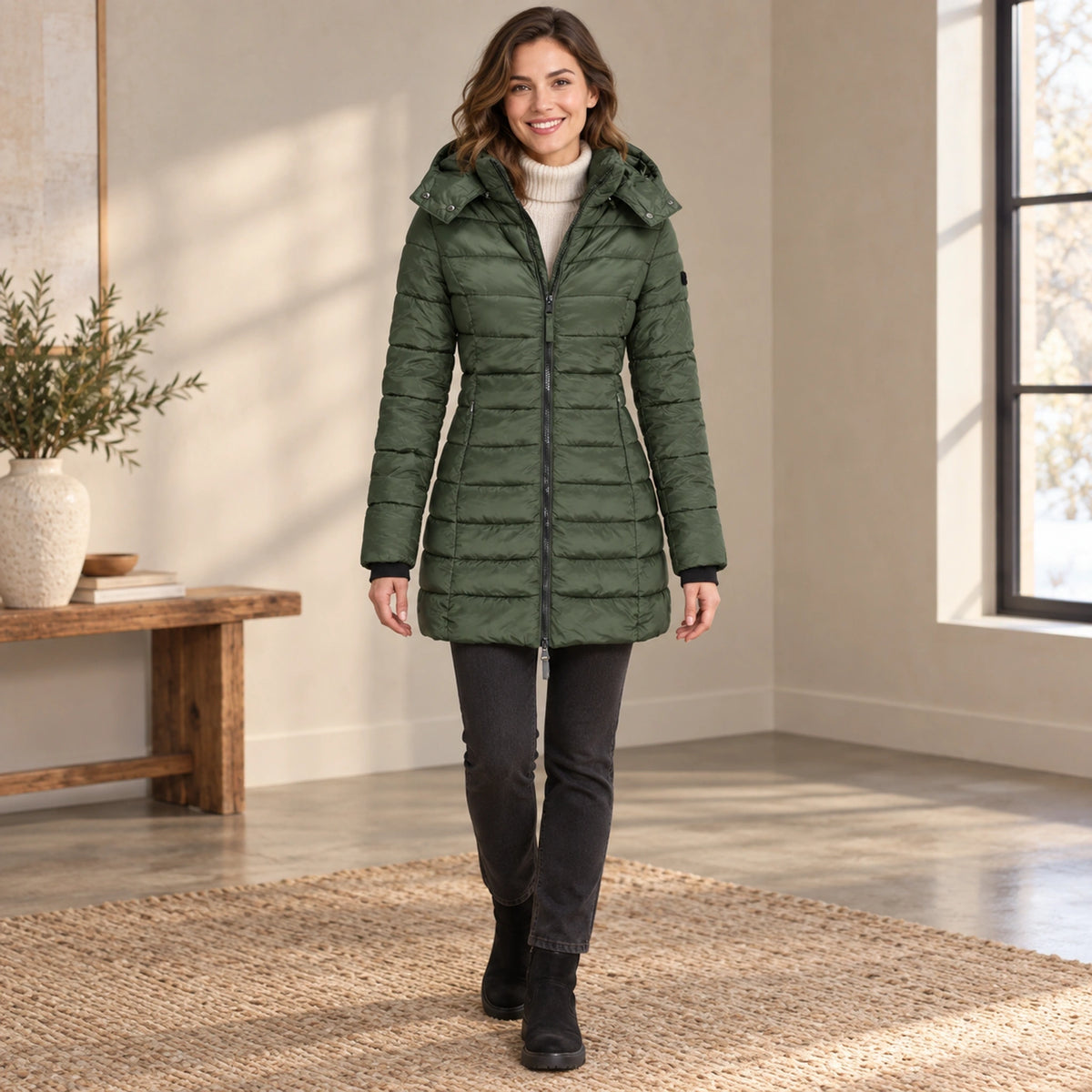 parka coat — Complete full front view; Green elena garment worn by a happy adult model — view 6