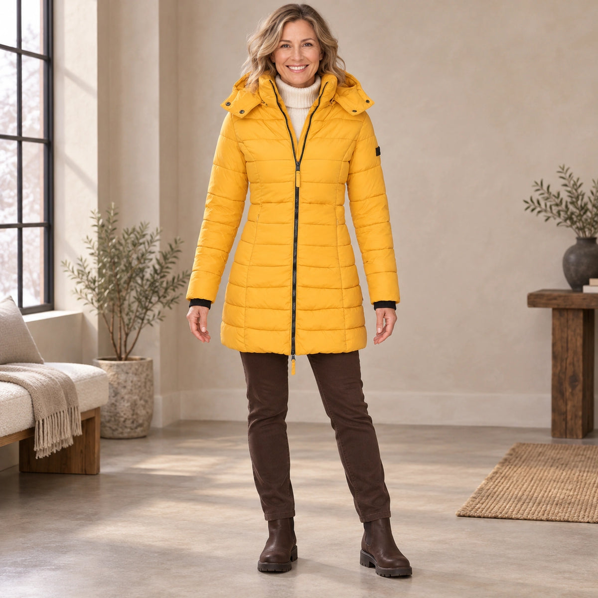 parka coat — Complete full front view; Yellow elena garment worn by a happy adult model — view 7