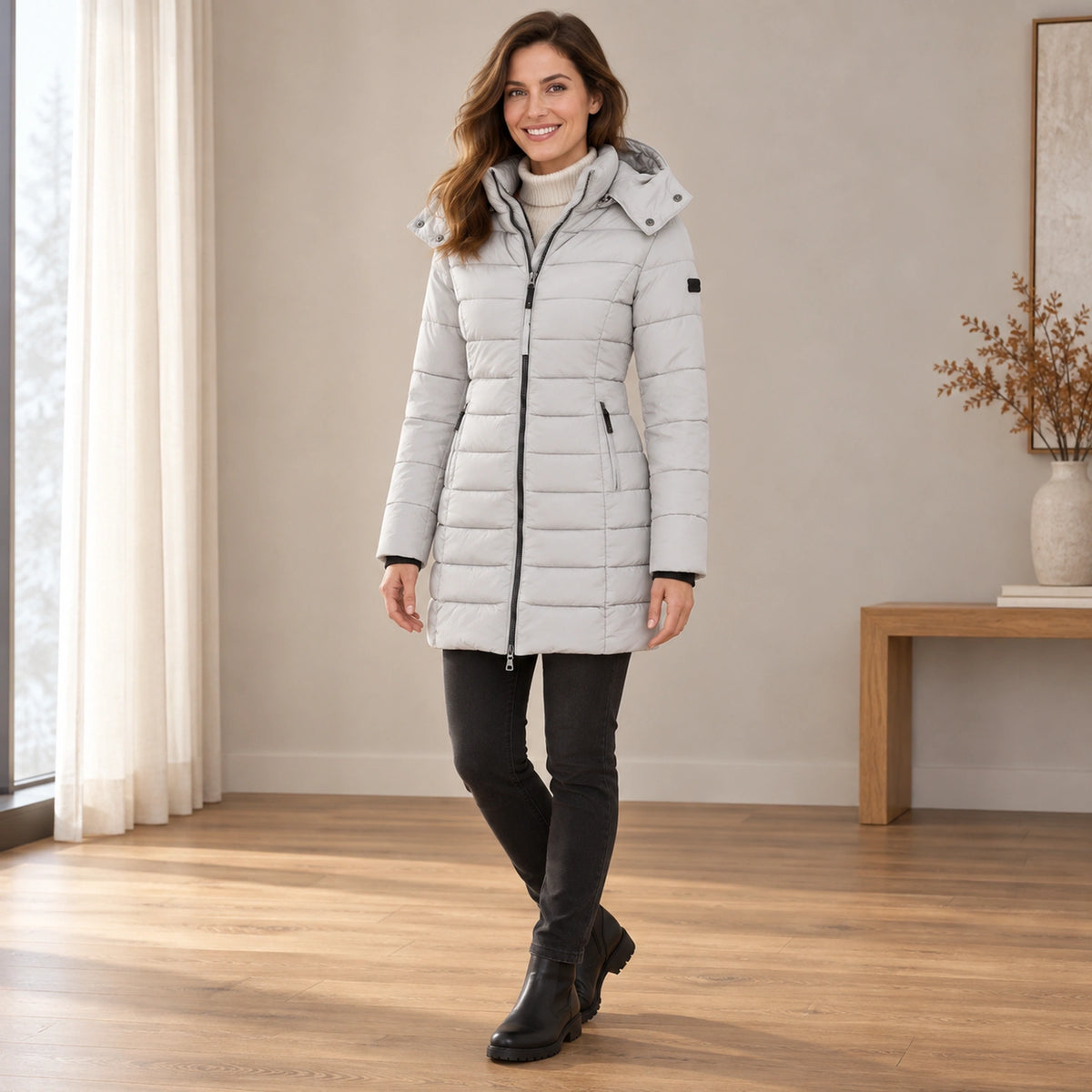 parka coat — Usa and Canada October–December front angle; Gray elena garment worn by a happy adult model — view 8