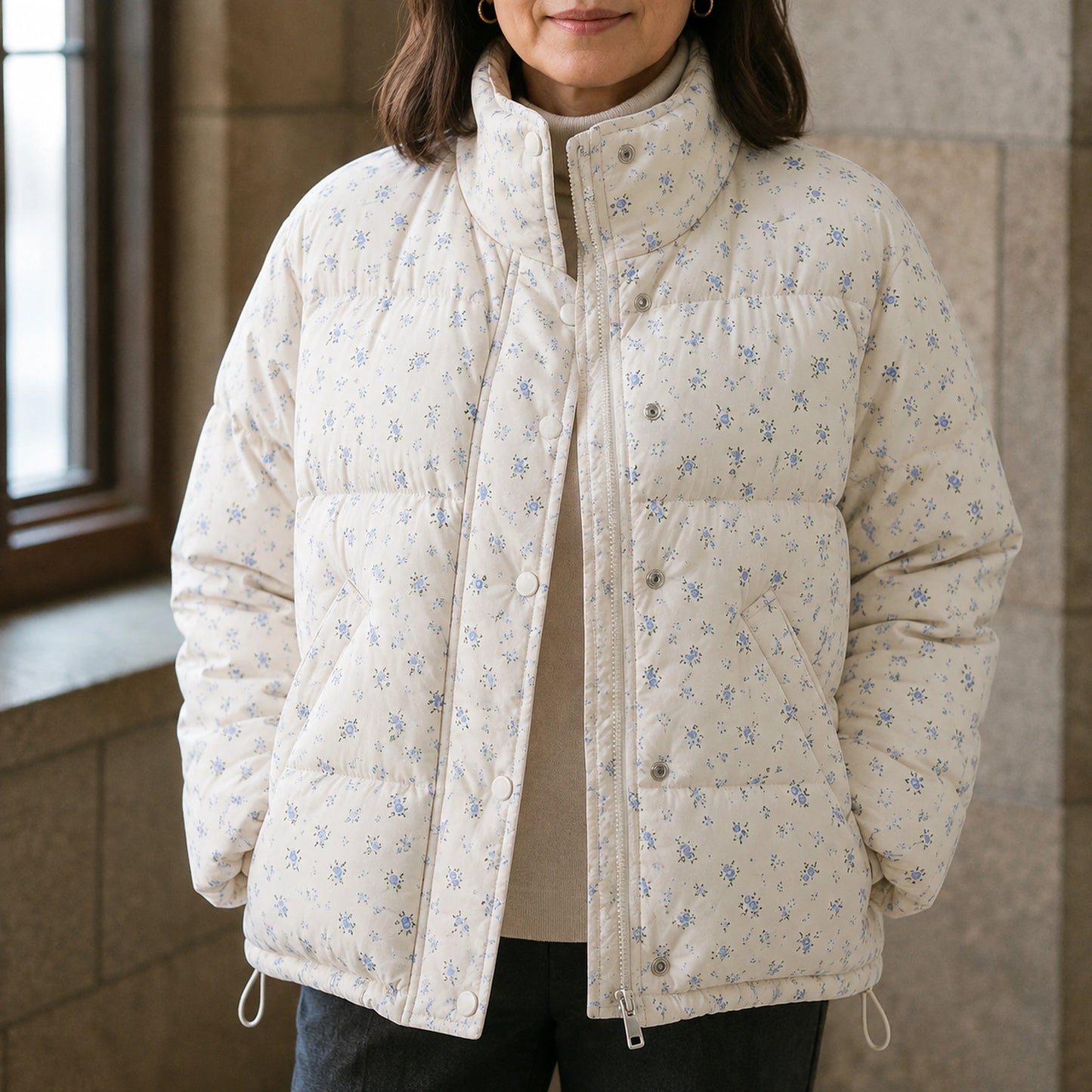 Elena Loose Floral Print Parka Coat in Blue on body close detail of high collar, zipper, snaps, and pocket — view 5