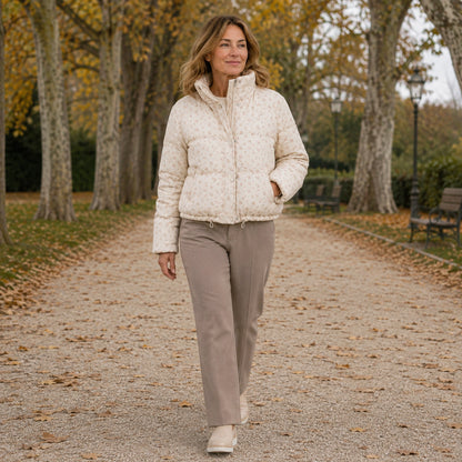Elena Loose Floral Print Parka Coat in Pink full body walking view — view 6