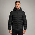 Man wearing black USB heated hooded parka coat, complete front view