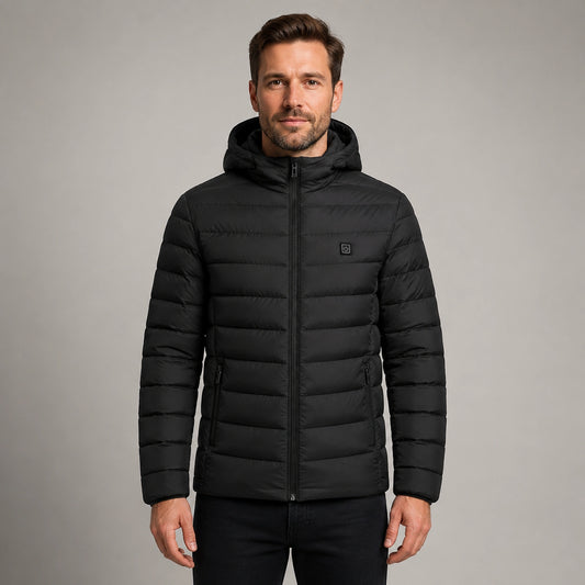 Man wearing black USB heated hooded parka coat, complete front view