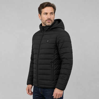 Man wearing black USB heated hooded parka coat, complete side view — view 2