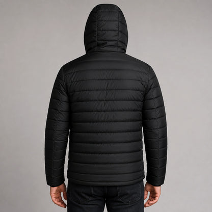 Man wearing black USB heated hooded parka coat, complete rear view — view 3