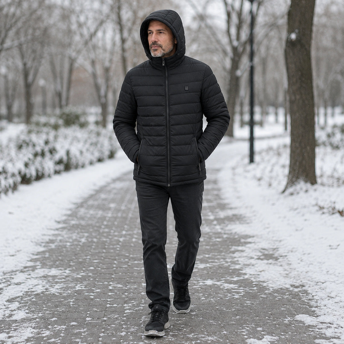 Man wearing black USB heated hooded parka coat outdoors in winter — view 5