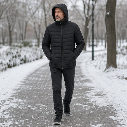 Man wearing black USB heated hooded parka coat outdoors in winter — view 5