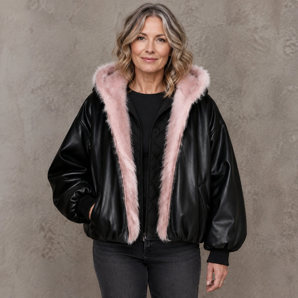 Hazel Contrast Trim Hooded Parka Coat in Black, complete centered front merchant image