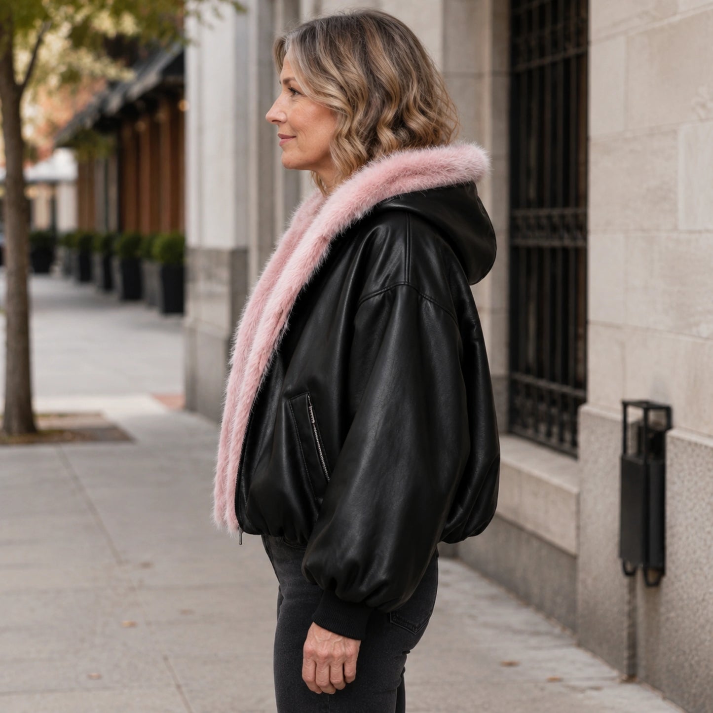 Hazel Contrast Trim Hooded Parka Coat in Black, true side profile showing hood, sleeve, hem, and pocket placement — view 2
