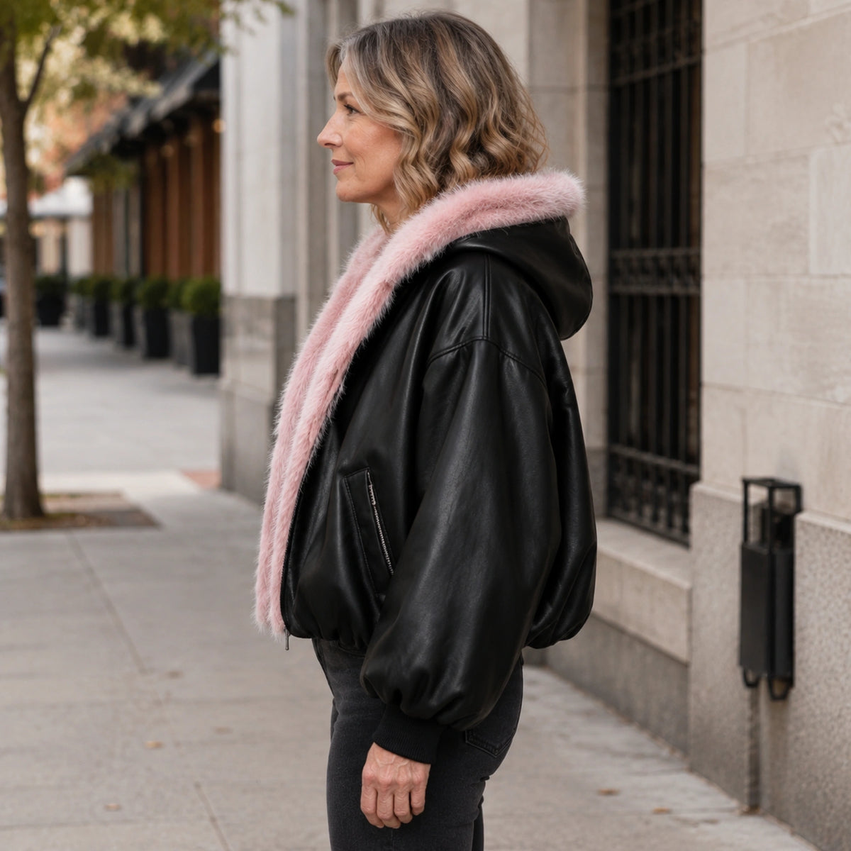Hazel Contrast Trim Hooded Parka Coat in Black, true side profile showing hood, sleeve, hem, and pocket placement — view 2