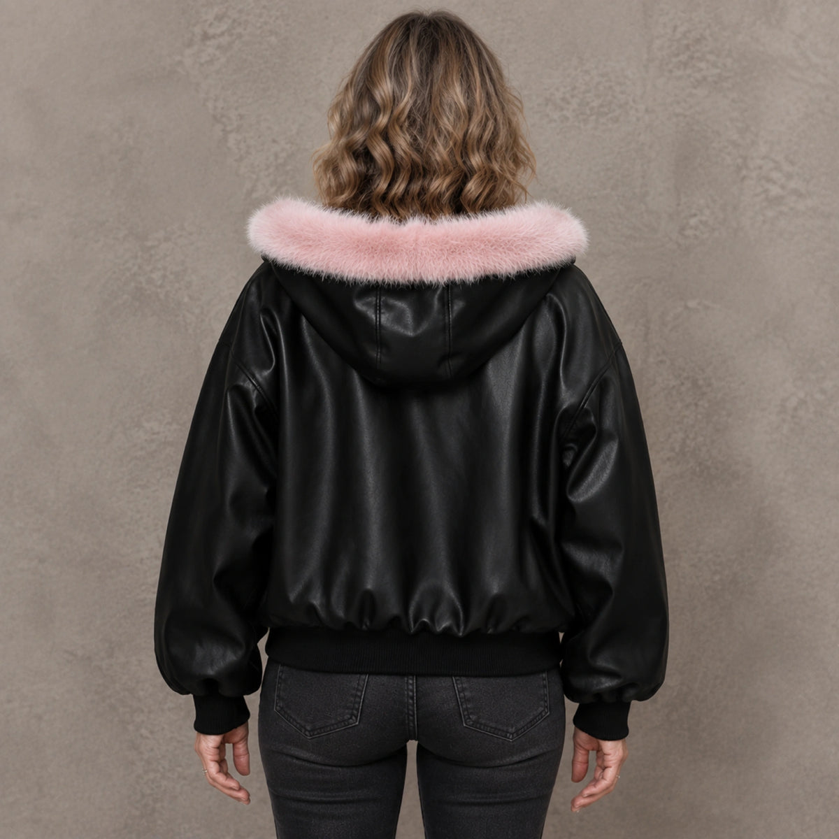 Hazel Contrast Trim Hooded Parka Coat in Black, complete rear view showing hood and back construction — view 3
