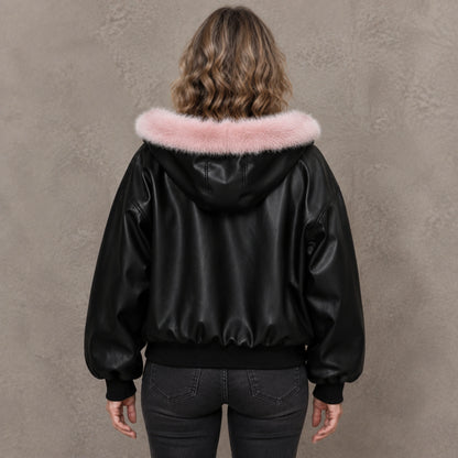 Hazel Contrast Trim Hooded Parka Coat in Black, complete rear view showing hood and back construction — view 3