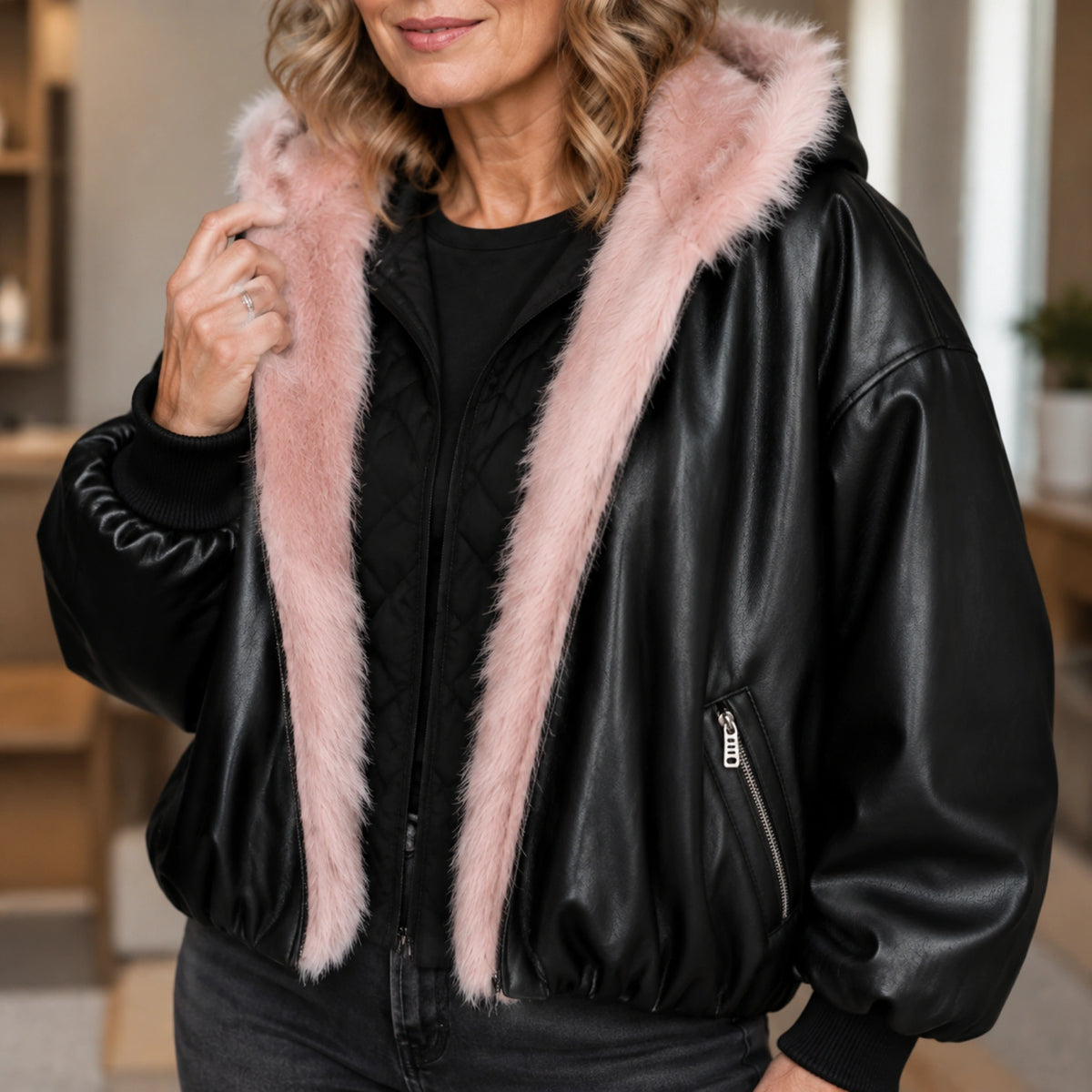 Hazel Contrast Trim Hooded Parka Coat in Black, on body three quarter detail of pink hood front zipper, and zip — view 4