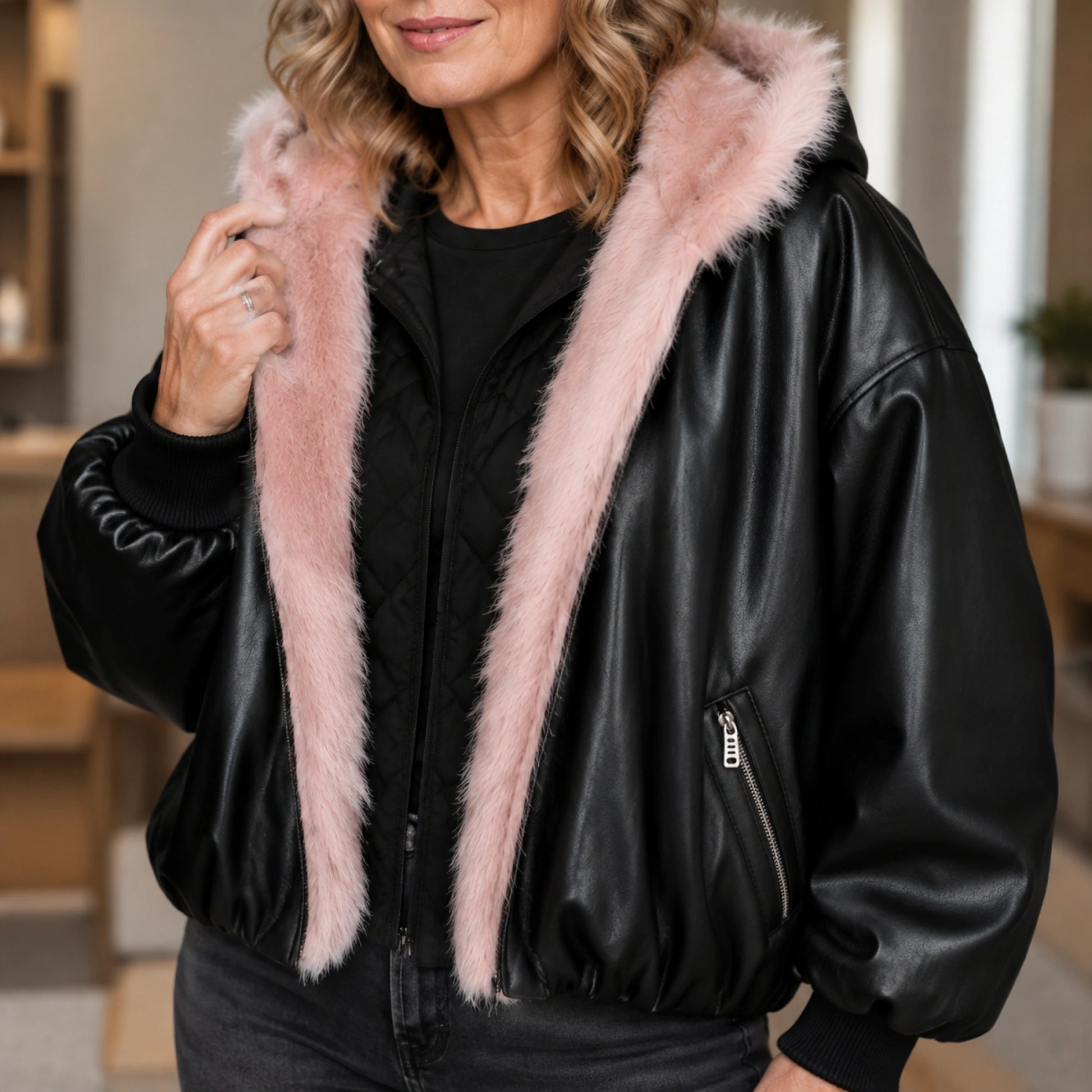 Hazel Contrast Trim Hooded Parka Coat in Black, on body three quarter detail of pink hood front zipper, and zip — view 4