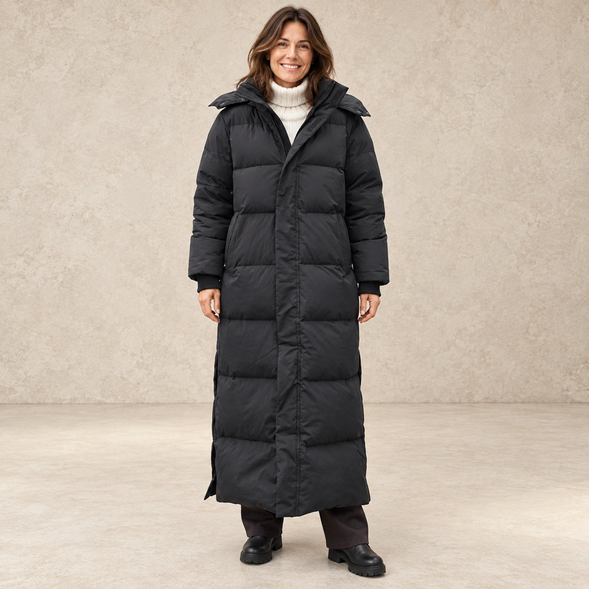 parka coat — Image; complete full front view; Black luna garment worn by a happy adult model