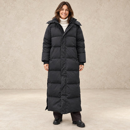 parka coat — Image; complete full front view; Black luna garment worn by a happy adult model