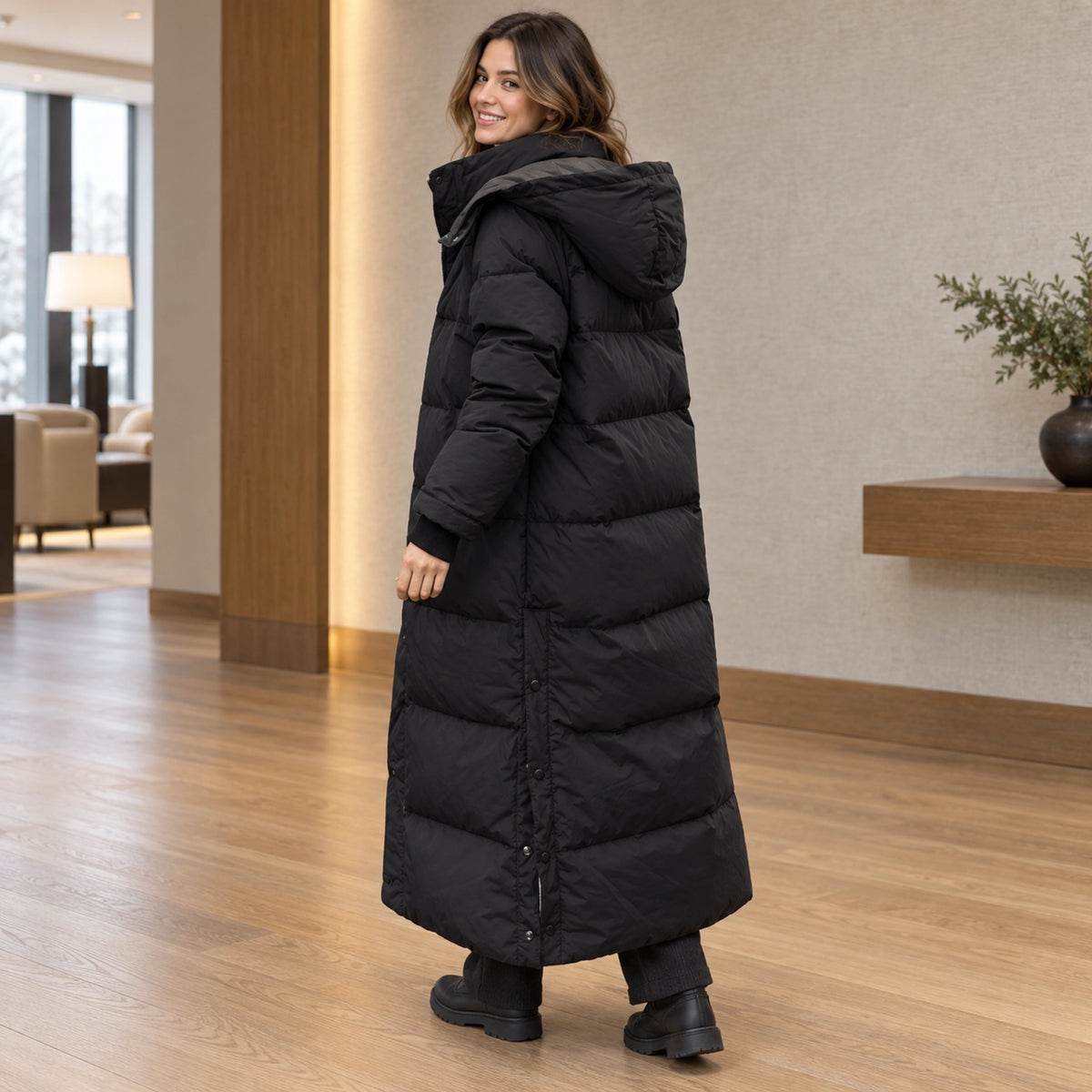 parka coat — Usa and Canada October–December rear angle; Black luna garment worn by a happy adult model — view 2