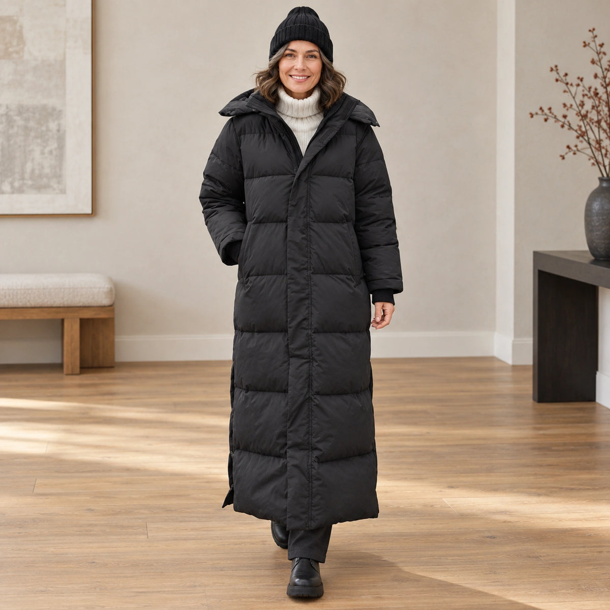 parka coat — Usa and Canada October–December front angle; Black luna garment worn by a happy adult model — view 3