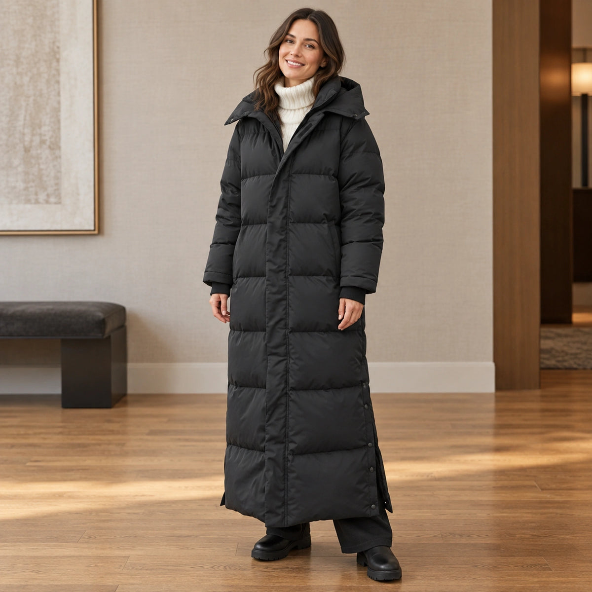 parka coat — Usa and Canada October–December front angle; Black luna garment worn by a happy adult model — view 4