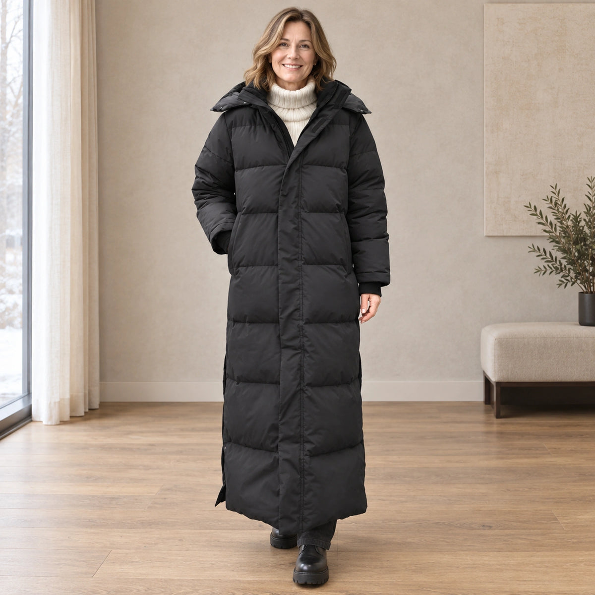 parka coat — Usa and Canada October–December front angle; Black luna garment worn by a happy adult model — view 5