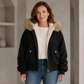 Mara Plush Lined Hooded Parka Coat in Black, complete centered front merchant image