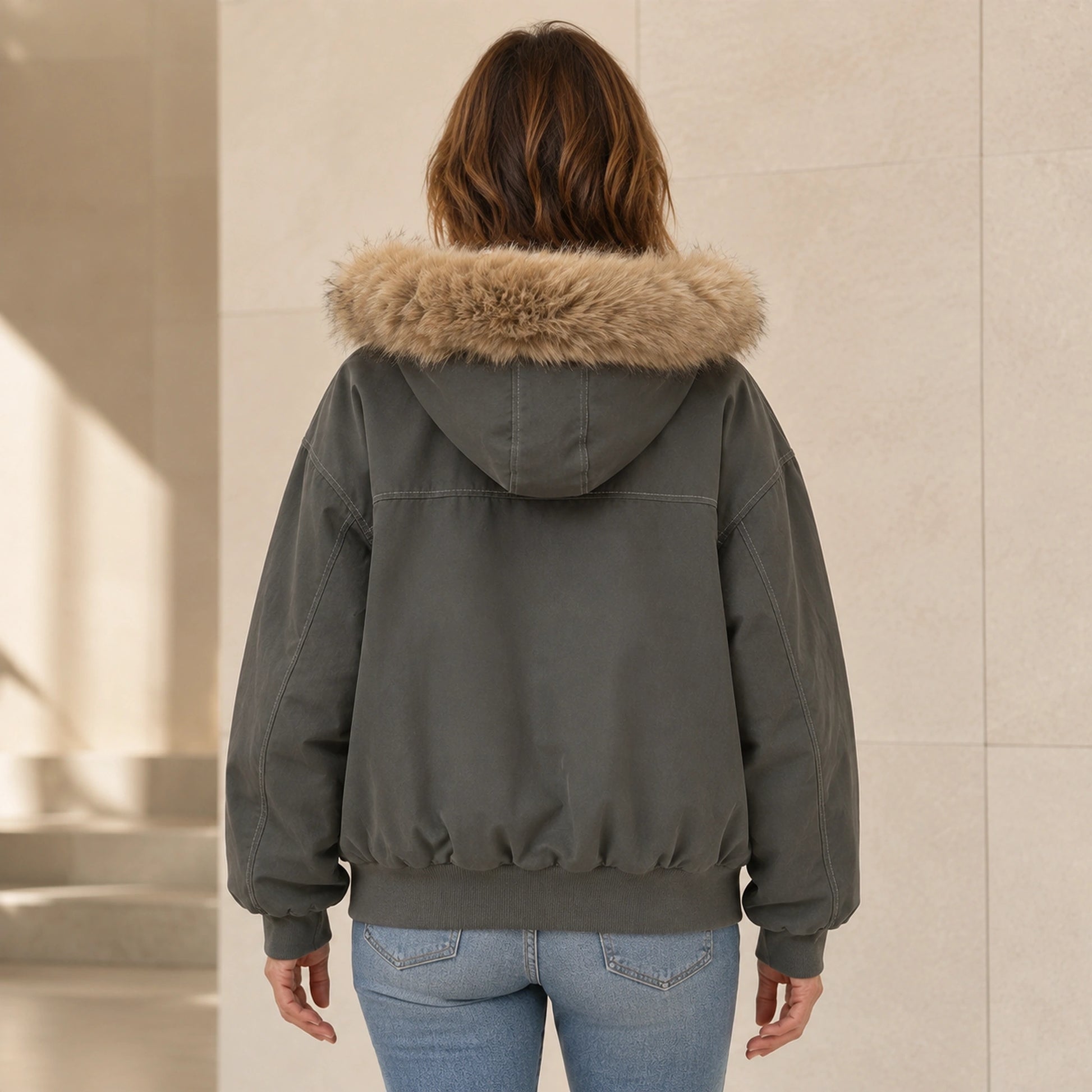 Mara Plush Lined Hooded Parka Coat in Gray, complete rear view showing hood and padded construction — view 3