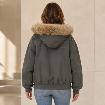 Mara Plush Lined Hooded Parka Coat in Gray, complete rear view showing hood and padded construction — view 3