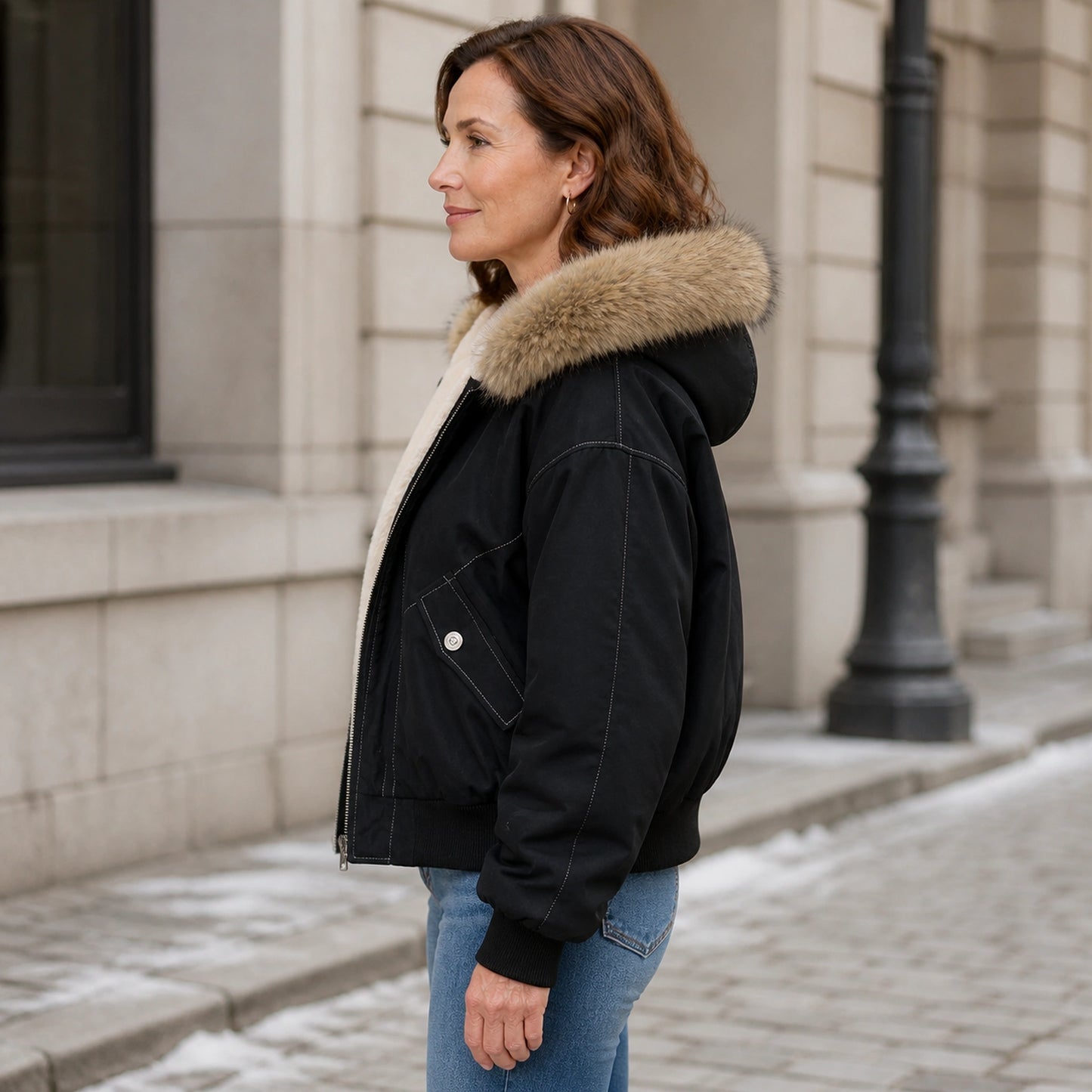Mara Plush Lined Hooded Parka Coat in Black, true side profile showing hood, collar, sleeve, and hem — view 4