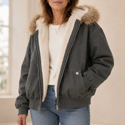 Mara Plush Lined Hooded Parka Coat in Gray, on body detail of hood trim, lining, zipper, snaps, and pocket — view 5
