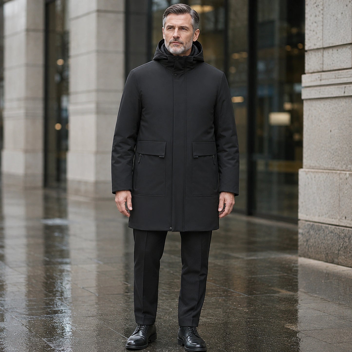 parka coat — Mason black mid length hooded business parka complete front view