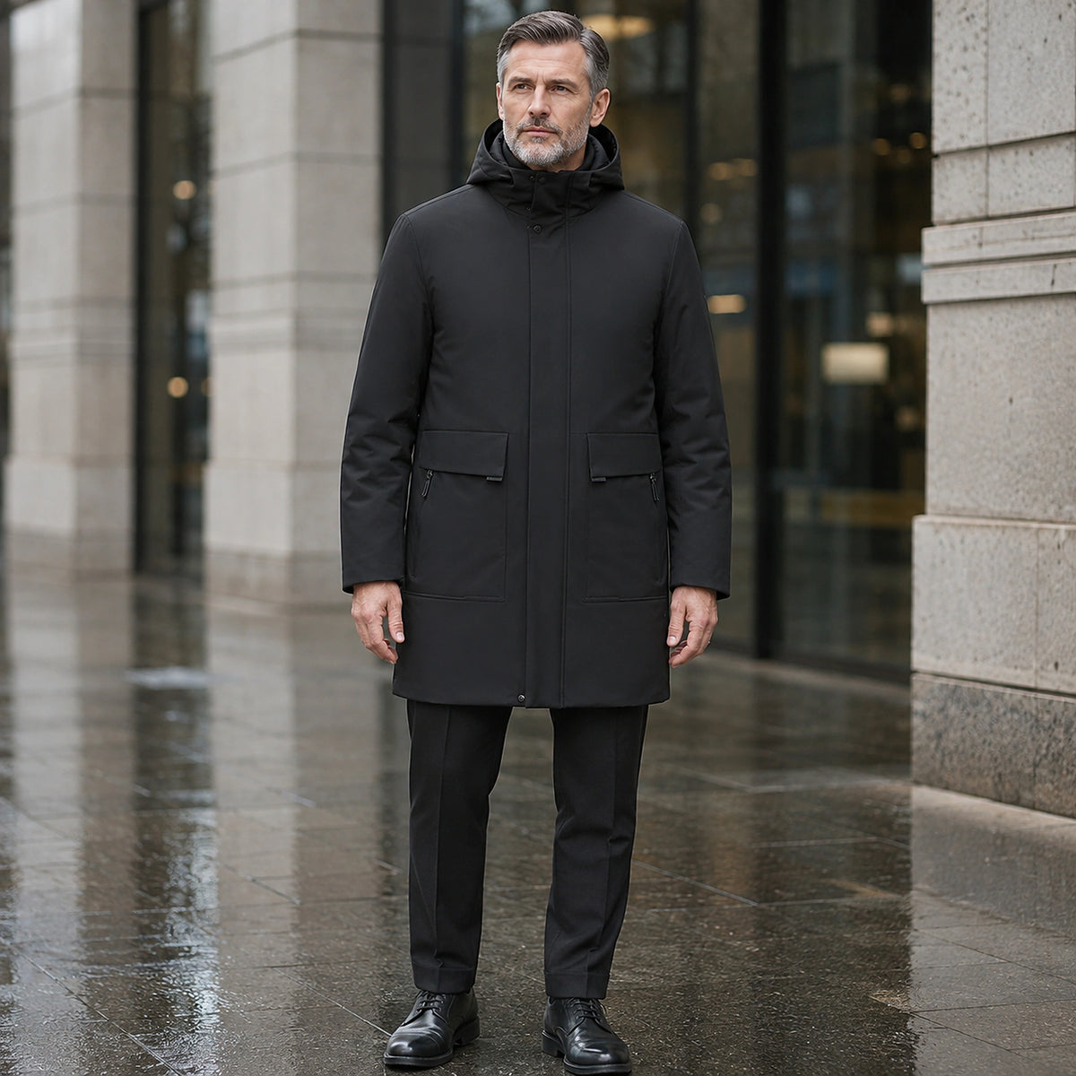 parka coat — Mason black mid length hooded business parka complete front view