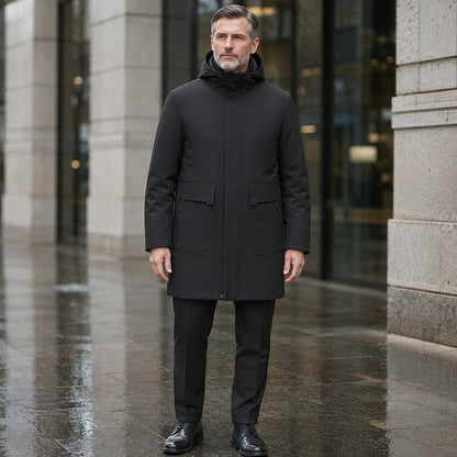 parka coat — Mason black mid length hooded business parka complete front view