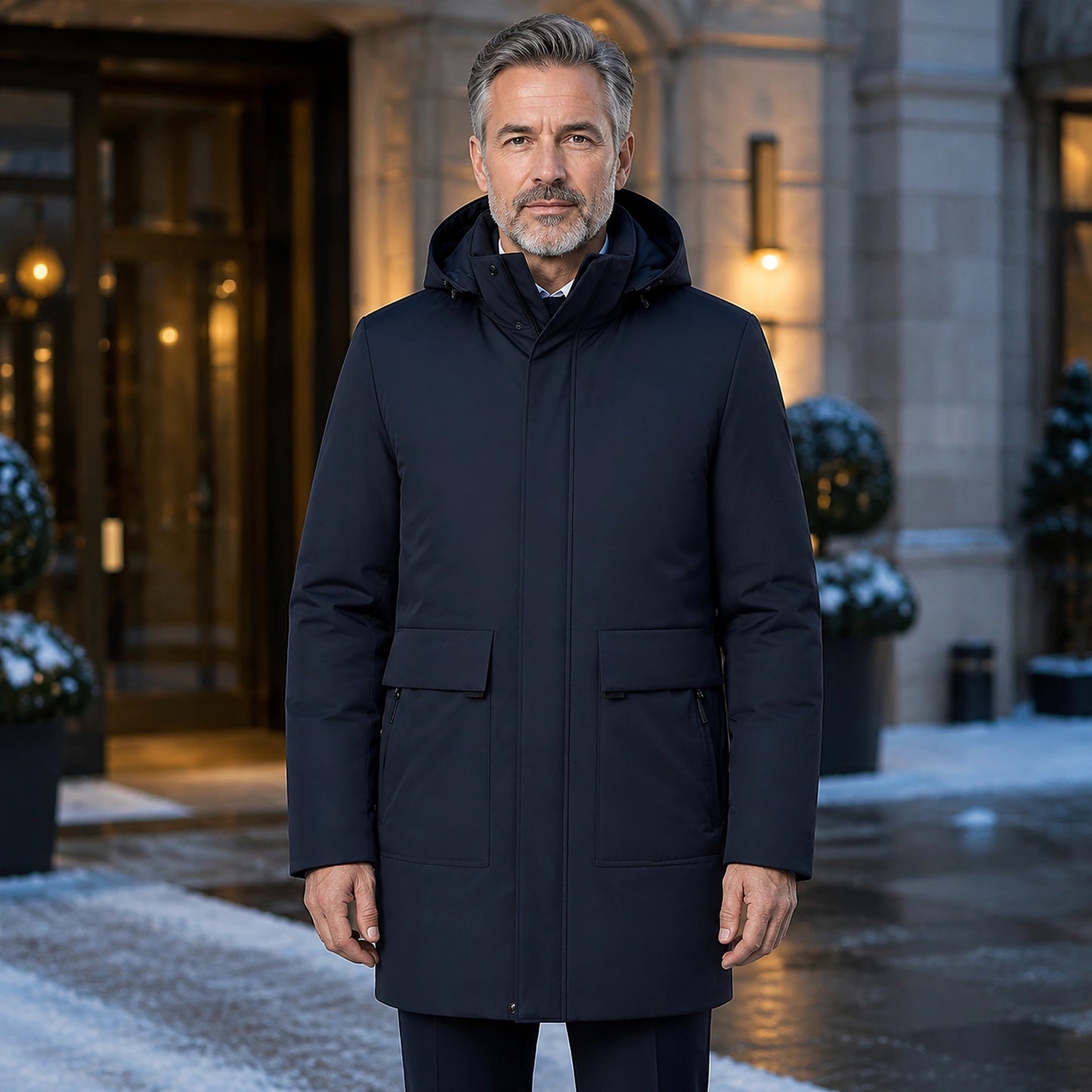 parka coat — Mason navy blue mid length hooded business parka complete front view — view 2