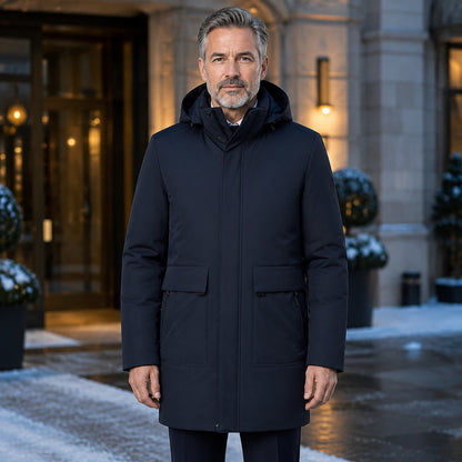 parka coat — Mason navy blue mid length hooded business parka complete front view — view 2