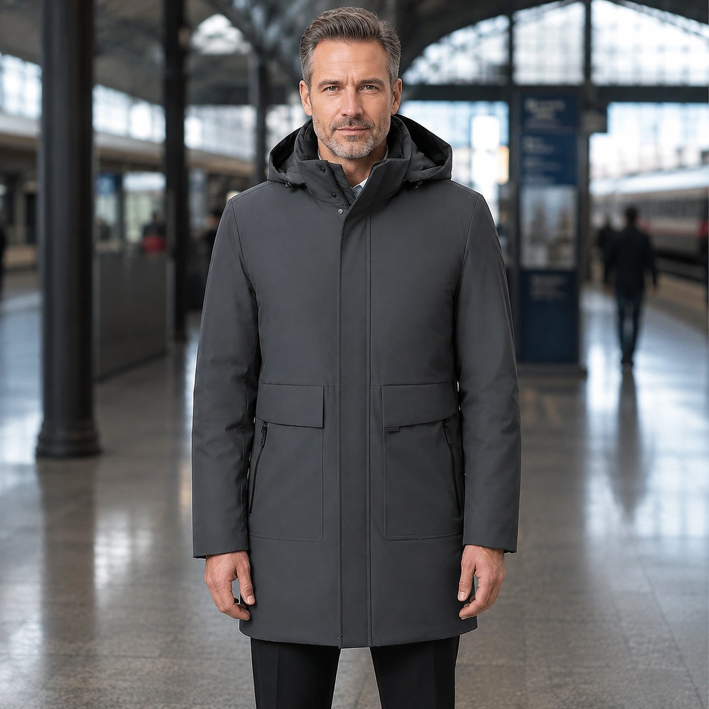 parka coat — Mason grey mid length hooded business parka complete front view — view 3